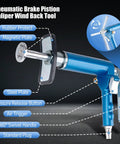 Pneumatic brake caliper wind-back tool, blue side view with 360-degree swivel handle and plate assembly