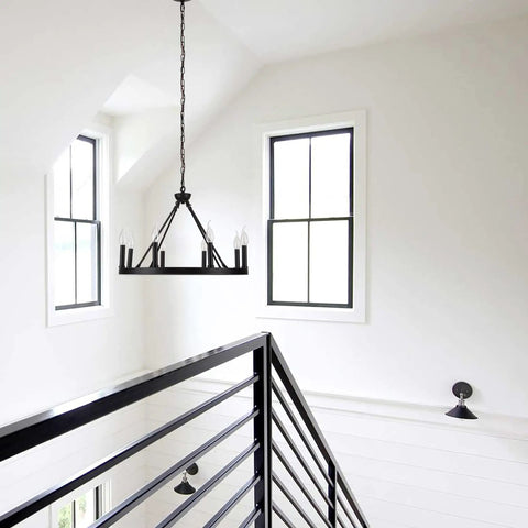 Wagon Wheel Chandelier 8 Light Industrial Black Rustic Farmhouse Ceiling Light With Adjustable Height in modern interior