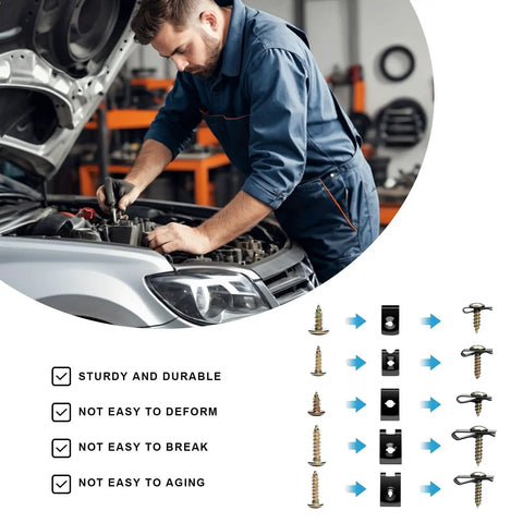 Shop Grade 170 Piece Auto Trim U Clip And Screw Kit with galvanized screws shown with mechanic using tools on car engine.