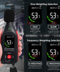 Portable Decibel Meter Data Logger With USB Export, Graph Printing, And A Weighted Sound Level Monitoring For Noise Control At Home Or Work, Fast Slow Response, Max Hold, 3 Color Alarm, Ideal For Noisy Neighbor And Factory Noise. handheld sound level meter showing 53.7 dBA, fast and slow settings