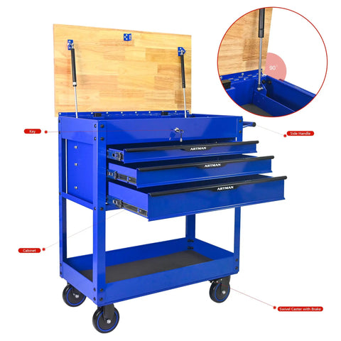 Rolling Tool Cart With Wheels 3 Drawers And A Wooden Top Heavy Duty Mechanics Cabinet For Garage Workshop And Warehouse Blue