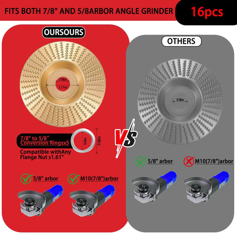 Comparison of 16 Piece Wood Carving Disc Kit for angle grinders, highlighting 7/8 to 5/8 inch arbor adapters compatibility.