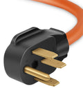 Close-up of NEMA 14-50P To 6-50R Welder Adapter Cord Heavy Duty STW 8AWG 50 Amp 250V Power Lead plug, showing prongs.