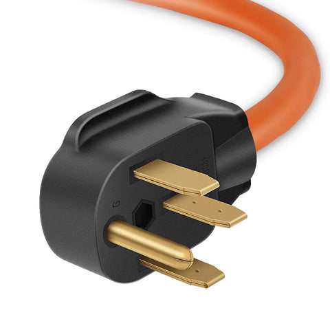 Close-up of NEMA 14-50P To 6-50R Welder Adapter Cord Heavy Duty STW 8AWG 50 Amp 250V Power Lead plug, showing prongs.