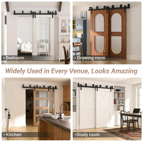 Four images of 8 Ft Double Track Bypass Sliding Barn Door Hardware Kit For Two Doors installed in different rooms.