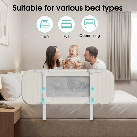Family with toddler using 36 Inch Portable Bed Rail For Toddlers Foldable Travel Guard For Twin Beds And Camper Bunks Easy Setup