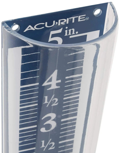 Close-up of 5 Inch Capacity Magnifying Rain Gauge With Easy To Read White Numbers, Acrylic Weather-Resistant Build, 35 Percent Magnification