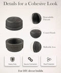 Details showing the 10 Pack Three Quarter Inch Malleable Cast Iron Pipe Cap For Threaded Black Pipes And Fittings with coated finish.