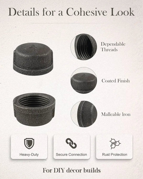 Details showing the 10 Pack Three Quarter Inch Malleable Cast Iron Pipe Cap For Threaded Black Pipes And Fittings with coated finish.