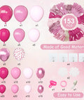 All In One Hot Pink Balloon Arch Garland Kit With 153 Latex Balloons in sizes and accessories labeled on a pink background.