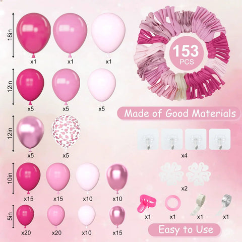All In One Hot Pink Balloon Arch Garland Kit With 153 Latex Balloons in sizes and accessories labeled on a pink background.
