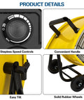Heavy Duty 24 Inch Industrial Drum Fan With Brushless DC Motor showing speed controls, handle, tilt feature, and rubber wheels.