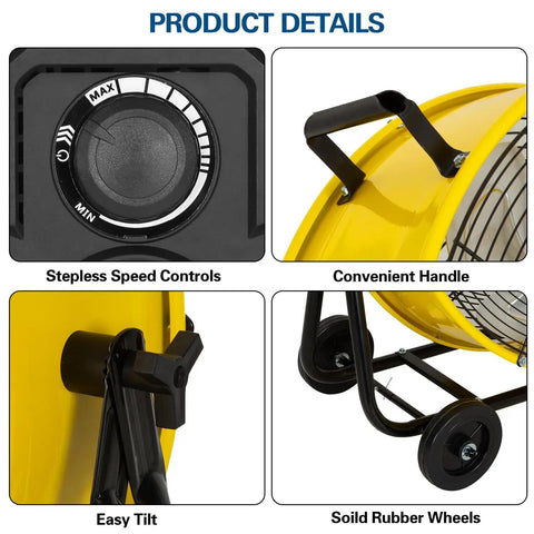 Heavy Duty 24 Inch Industrial Drum Fan With Brushless DC Motor showing speed controls, handle, tilt feature, and rubber wheels.