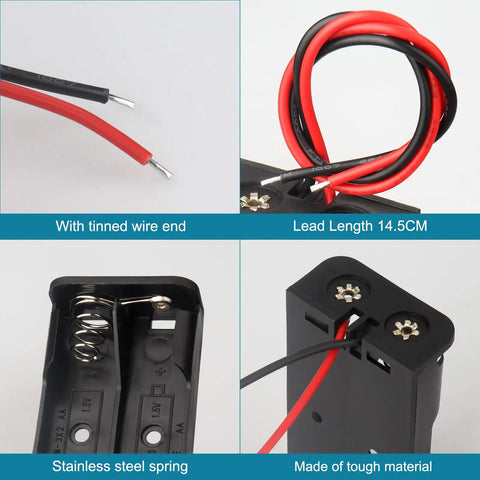 Four Pack Of Hella Reliable AA Battery Holders With Attached Leads And Stainless Steel Contacts For Effortless Power Delivery And A Straight Up No Fuss Housing That Keeps Batteries Securely Locked Away, showing tinned wire ends and internal spring.