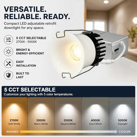 Eclatune 3 Inch LED Recessed Lighting with Junction Box LED Downlight, IP65 Shower Light 5CCT Waterproof, 2700K-5000K Selectable CRI90+, 12W COB, 1120LM Anti-Glare Dimmable-ETL 1Pack, showing 5 CCT selectable options.