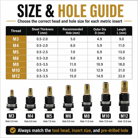 Size and hole guide for Rivet Nut Mandrel Head Set For Carbon Steel Tool Kit M3 To M12 With Threaded Inserts Pro Grade Heavy Duty Heads For Quick Installations And Precise Repairs For Professional Auto And Industrial Projects.