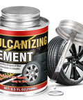 Vulcanizing Cement 8.5Oz All Purpose Tire Repair Glue with Brush beside a tire image, illustrating use for car, motorcycle, and bike tires.
