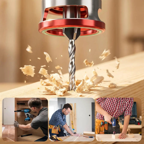 Heavy Duty 7 Piece Countersink Drill Bit Set With Adjustable Depth Stop Collar And Precision Bearings drilling through wood.