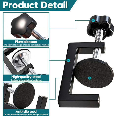 Close-up of 4 Pack Adjustable G Shaped Sofa Clamps for Sectional Couches, highlighting plum blossom screw and anti-slip pad