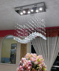 Modern Wave Rectangular Crystal Raindrop Chandelier With Chrome Finish Flush Mount Pendant Lighting in dining room