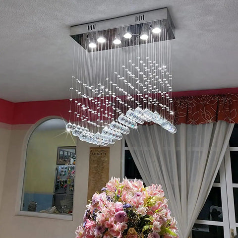 Modern Wave Rectangular Crystal Raindrop Chandelier With Chrome Finish Flush Mount Pendant Lighting in dining room