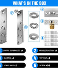 Contents of Hidden Door Hinge Set Heavy Side Type For Wood Doors And Bookshelves, including brackets, bearings, and screws.