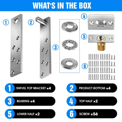 Contents of Hidden Door Hinge Set Heavy Side Type For Wood Doors And Bookshelves, including brackets, bearings, and screws.