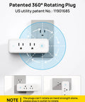 Real Deal Six Port Outlet Extender Surge Protector With Manual Switch And 360 Swivel Head showing patented rotating plug in use.