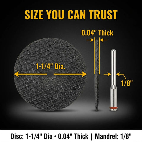 Size comparison of 1-1/4 inch diameter cutting disc and 1/8 inch mandrel from Heavy Duty 50 Pack Rotary Tool Metal Cutting Discs.