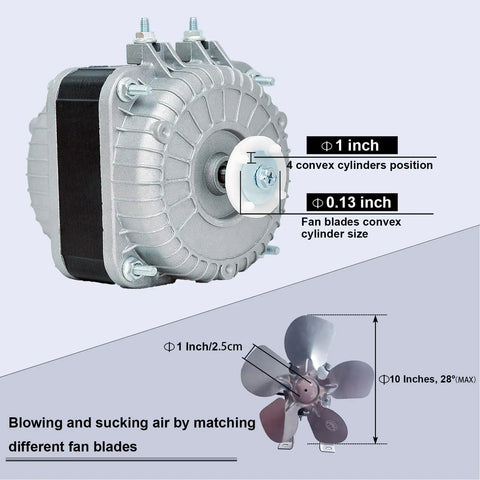 18-25 Shaded Pole Motor 120V 60Hz 18W 1.01A 1550 RPM Four Pole Fan showing dimensions and fan blade positions