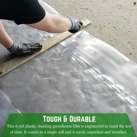 Person measuring Ultra Clear 6 Mil Plastic Sheeting For Indoor And Outdoor Use 12x25 Durable Drop Cloth Or Patio Cover Weatherproof Vapor Barrier
