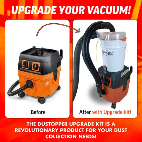 Dustopper Turbo Bagger Upgrade Kit For Fein Turbo I And II Dust Collection System, before and after installation comparison.