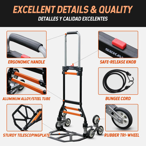 Beefy 280 Lb Capacity Stair Climbing Cart Folding Hand Truck Dolly with aluminum frame and tri-wheel system