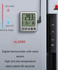 Two Pack Fridge And Freezer Thermometer With Extra Sensor Digital Temperature Alarm Indoor Outdoor Display High And Low Alerts 1.5 Meter Probe Black For Home Kitchen Use mounted on fridge door with digital display and probe