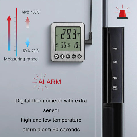 Two Pack Fridge And Freezer Thermometer With Extra Sensor Digital Temperature Alarm Indoor Outdoor Display High And Low Alerts 1.5 Meter Probe Black For Home Kitchen Use mounted on fridge door with digital display and probe