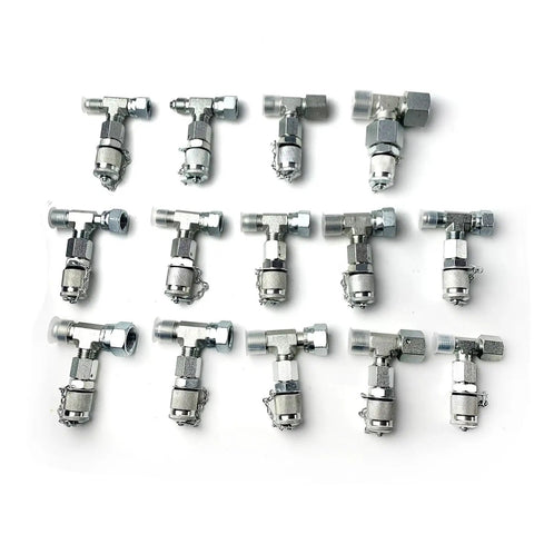 Go To 14 Piece Tee Fittings Connector Set For Hydraulic Pressure Gauge Test Kit And Engine Cooling System Hoses arranged in rows