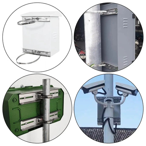 Stainless Steel Pole Mount Bracket Kit with Hardware and Adjustable Clamp for outdoor electrical enclosures and junction boxes installation.