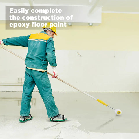 Worker using 9 Inch Spiked Roller Kit For Self Leveling Concrete And Epoxy Floors Includes 3 Spiked Rollers Roller Stand And Shoes Pro Grade Cement Floor Leveling Tool For Smooth Epoxy And Concrete Finish Yellow on floor