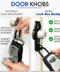 Comparison of door knobs without and with Secure Lock Box Attachment For Lever Handles Perfect For Realtors Vacation Rentals And Real Estate Pros With Code Access Keeps Keys Safe And Accessible On Exterior Doors