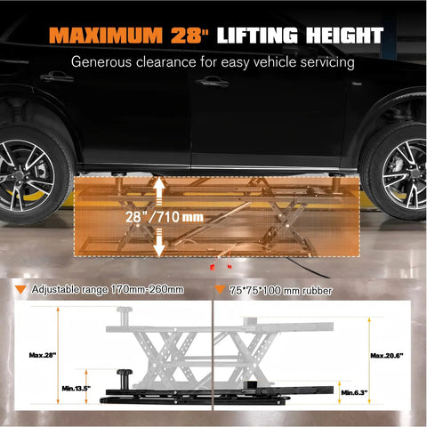 Portable Car Lift 7000 Lbs Heavy Duty Quick Jack With 28 Inch Max Height Locking Levers And Wheels showing max lift height
