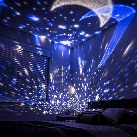 Moon And Star Night Light Projector With 360 Degree Rotation 4 LED Bulbs 9 Color Changing Modes USB Powered projecting stars and moon