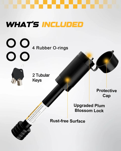 Trailer Hitch Lock Pin 5/8 Inch For 2 Inch And 2.5 Inch Receivers with protective cap, keys, and rubber O-rings.