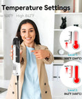 Person holding Mini Heat Gun 350W Dual Temp 500F And 842F with temperature settings display and diagrams for DIY use.
