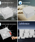 Junction Box IP67 Waterproof Dustproof Project Enclosure Made From ABS Plastic For Outdoor Electrical Use Gray 4.9 X 4.9 X 3 Inches Tough As Nails Weatherproof 125 X 125 X 75 Millimeters displayed with water and impact resistance features.
