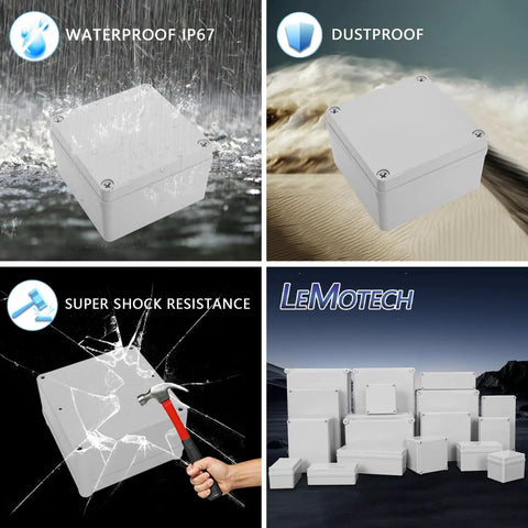 Junction Box IP67 Waterproof Dustproof Project Enclosure Made From ABS Plastic For Outdoor Electrical Use Gray 4.9 X 4.9 X 3 Inches Tough As Nails Weatherproof 125 X 125 X 75 Millimeters displayed with water and impact resistance features.