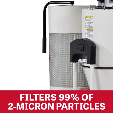 Close-up of Two Stage Cyclone Dust Collector With 2 Micron Filter And 2 HP 230V 1 Phase High CFM highlighting pleated filter and handle.