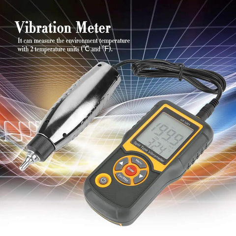 Handheld Vibration Meter With Vibrometer Analyzer, Dual Temperature Readout Celsius Or Fahrenheit, Piezoelectric Accelerometer Transducer, Converts Vibration Into Electrical Signal, Shows Speed, Acceleration, And Displacement For Pro Maintenance on handheld unit