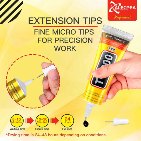 Hand holding Upgrade T7000 Black Adhesive Glue 2 Pack 15ml Tubes High Performance Waterproof Bond for precise repairs, showing micro tip.