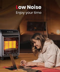 Woman sitting near Portable Propane Radiant Heater With 18000 BTU For Warmth Up To 450 Sq Ft Ultra Quiet LP Gas Heater