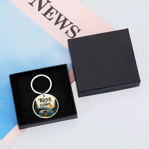 Camper Keychain For RV Lovers And Road Trip Fans in black gift box with 'Keys to the Camper' engraving, durable stainless steel.